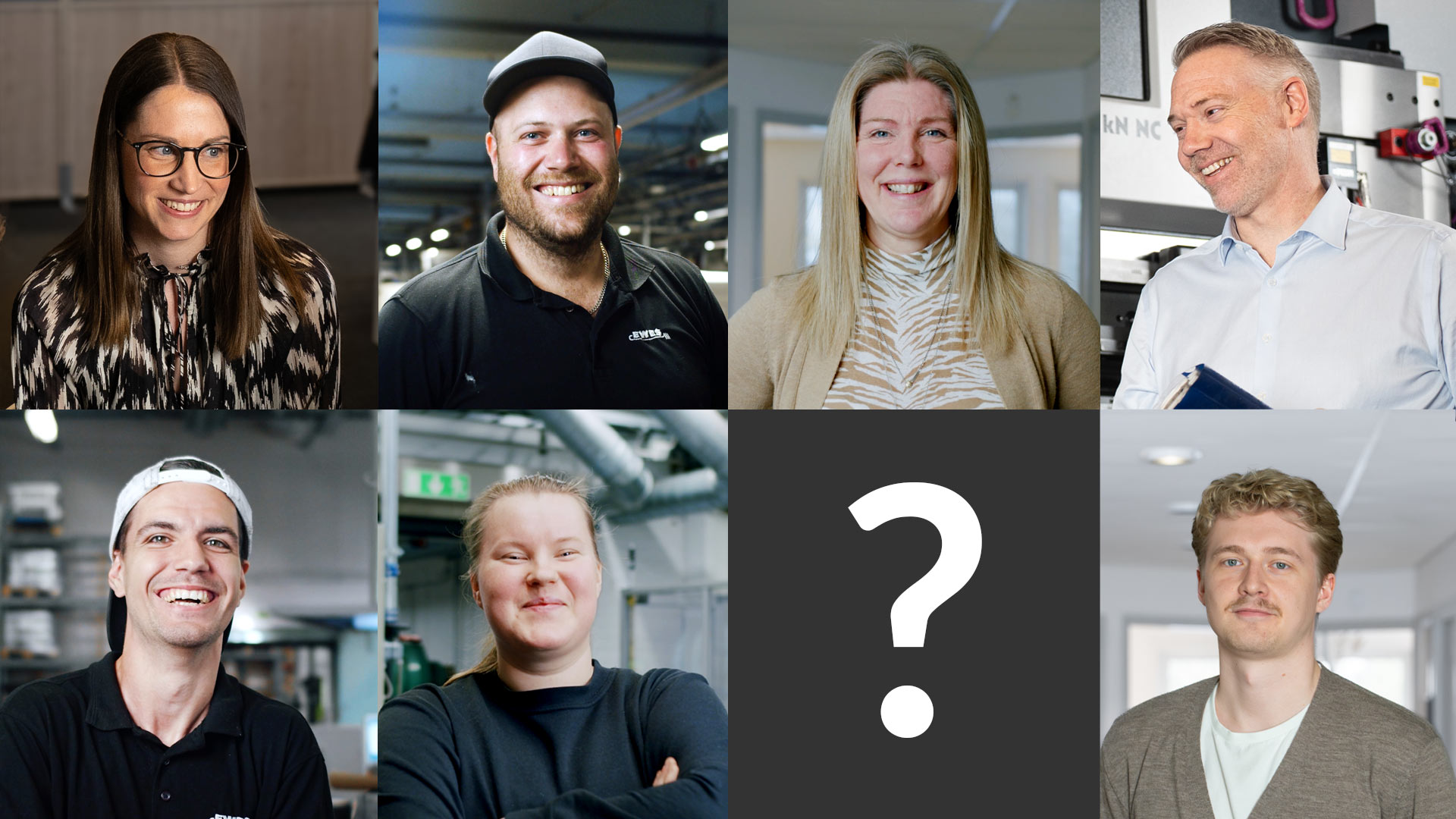 Sju medarbetare som jobbar på EWES och en ledig lucka för dig eftersom vi söker kollegor